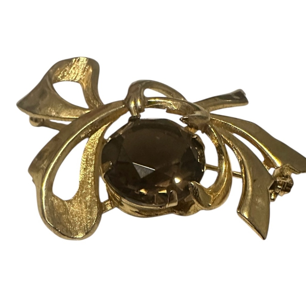 Elegant Gold Tone Bow and Smoky Quartz Brooch Antique
